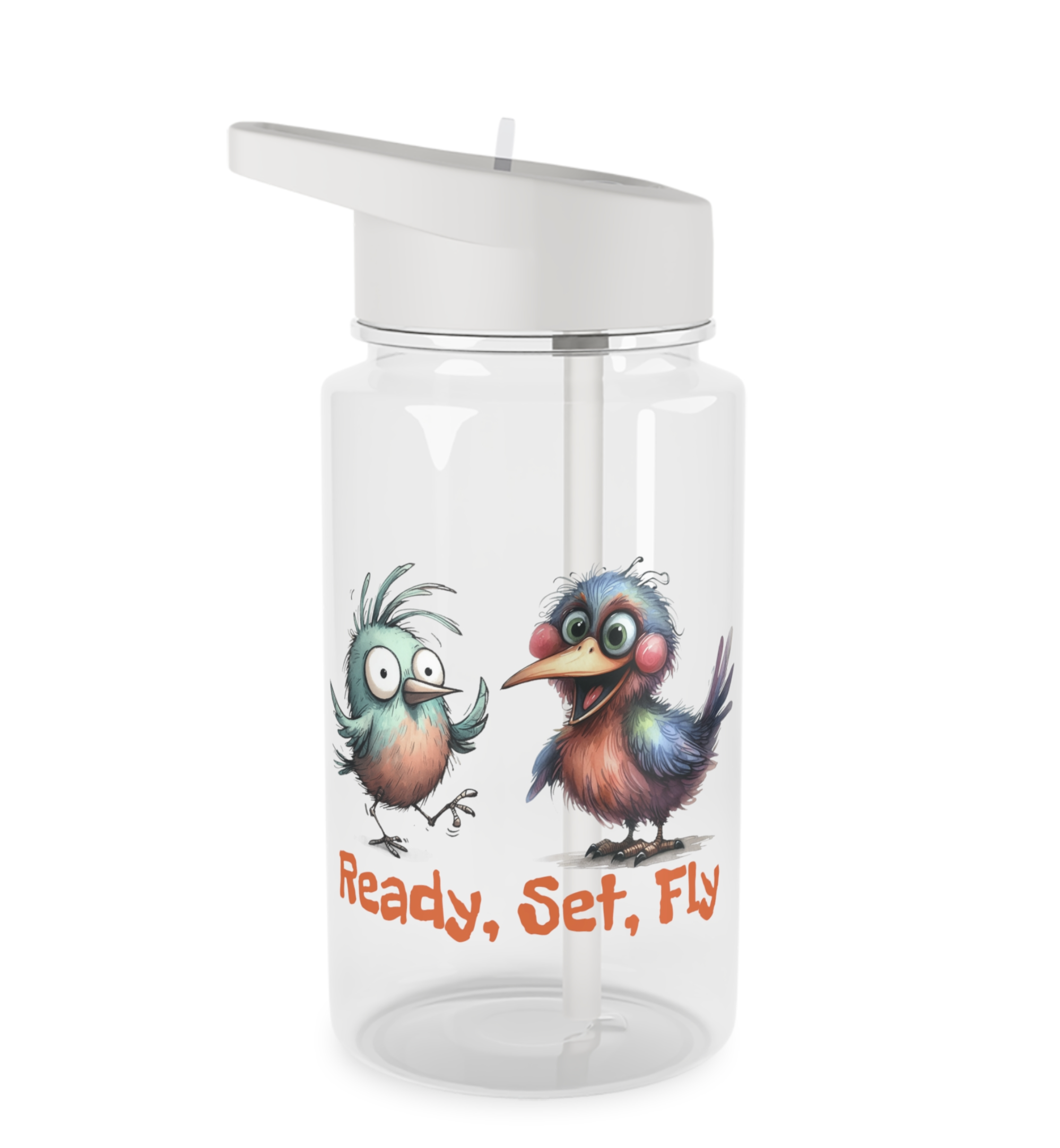 water bottle with two cartoon baby birds and the text Ready, Set, Fly